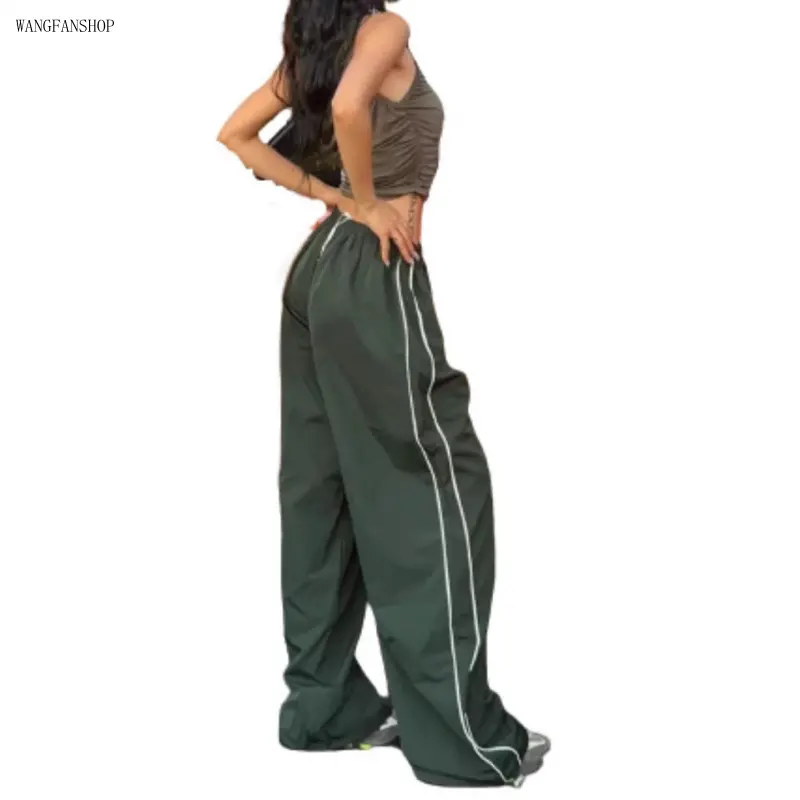 Women Y2K Baggy Parachute Wide Leg Track Pants, Elastic High Waist Lightweight Summer Trousers, Casual Streetwear Bottoms for Campus Brunch Daily Errands Outfits,Rapper,Costume,Set with Chains,belt,loop,
