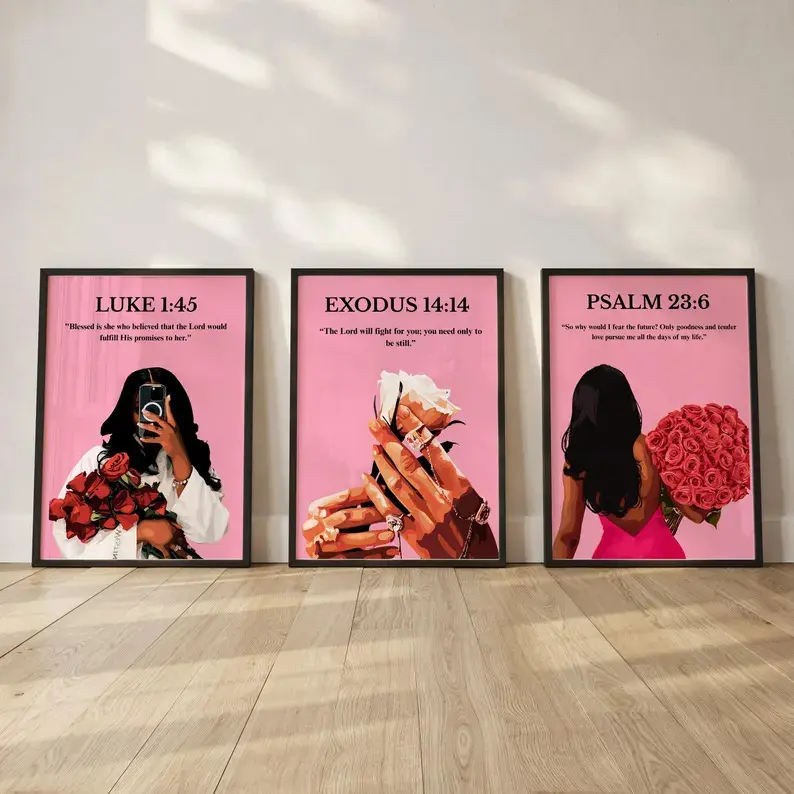 Set of 3 Pink printed Bible scriptures Canvas Wall Art Framed, Abstract Painting Print Poster Aesthetic Wall Decor, Home Artwork for Living Room Bedroom Dining Room Kitchen Hallway Office, Ready to Hang