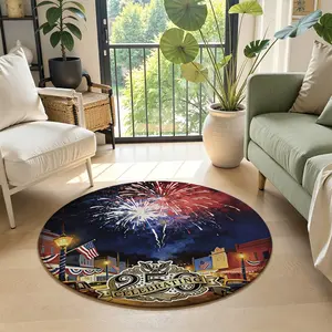 Patriotic 4th of July Indoor Area Rug, Vintage Town Fireworks Celebration Non-Slip Floor Mat, US 250th Anniversary Home Decor