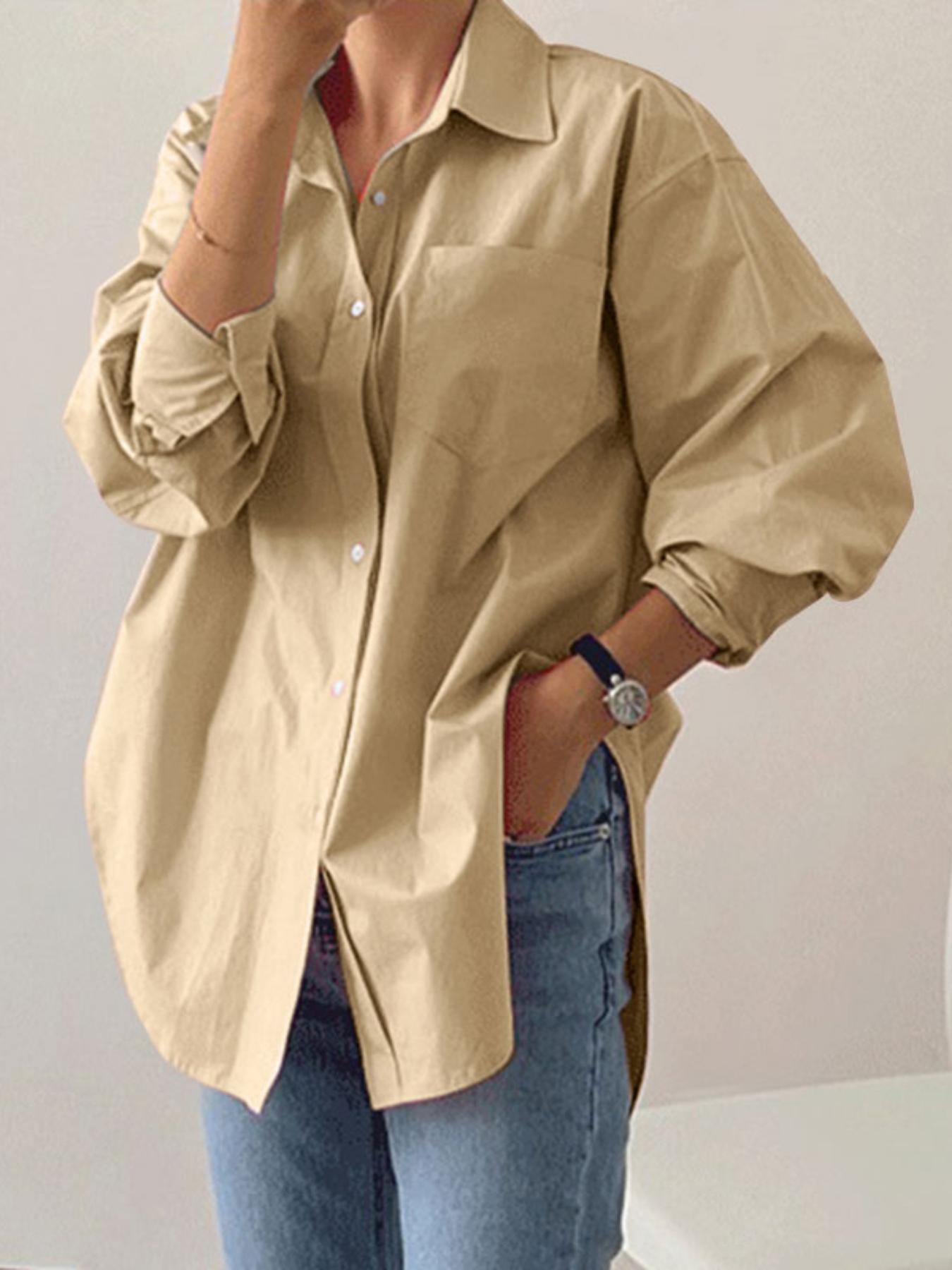 Women's Plain Button Front Drop Shoulder Shirt Blouse, Casual Loose Long Sleeve Collared Top for Fall & Winter, Quality & Durable Women's Clothing for Daily Wear