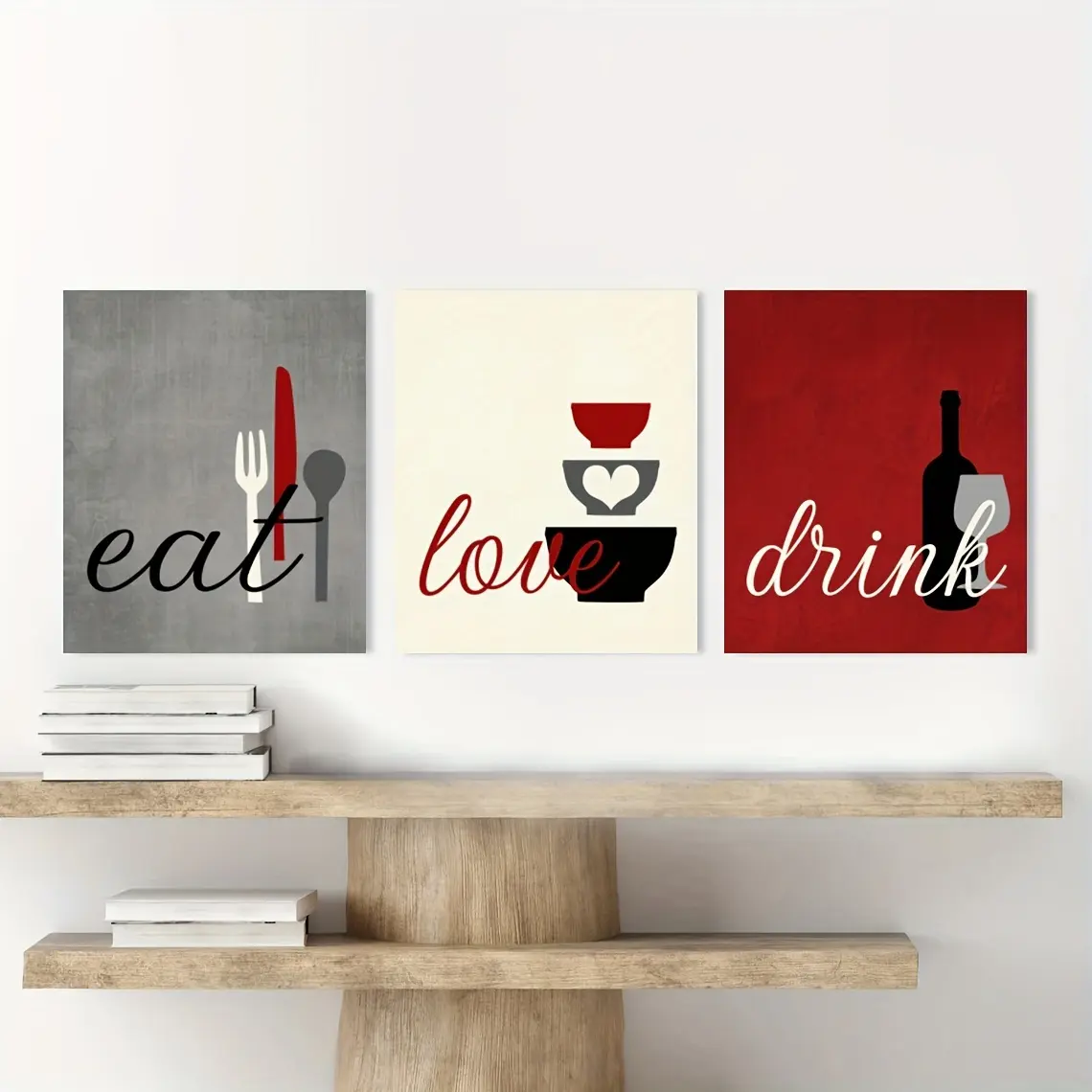 2D flat, 3-piece set of pine wood frame fabric wall art, modern "Eat Love Drink" decoration, suitable for home, bedroom, living room, Christmas, New Year, Valentine's Day, multi-functional hanging poster, no electricity required