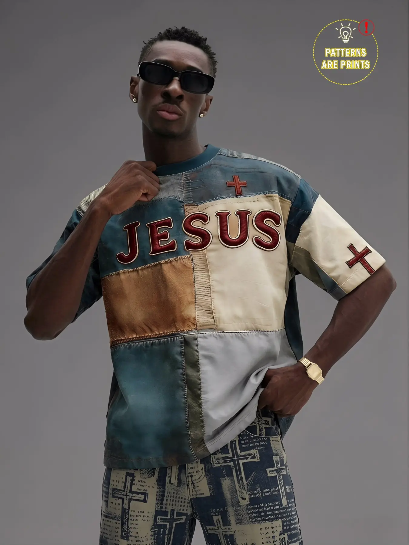 American High Street Jesus Embroidery Patchwork T-Shirt, Vintage Washed Patch Design, Short Sleeve, Casual Fitted T-Shirt for All Seasons