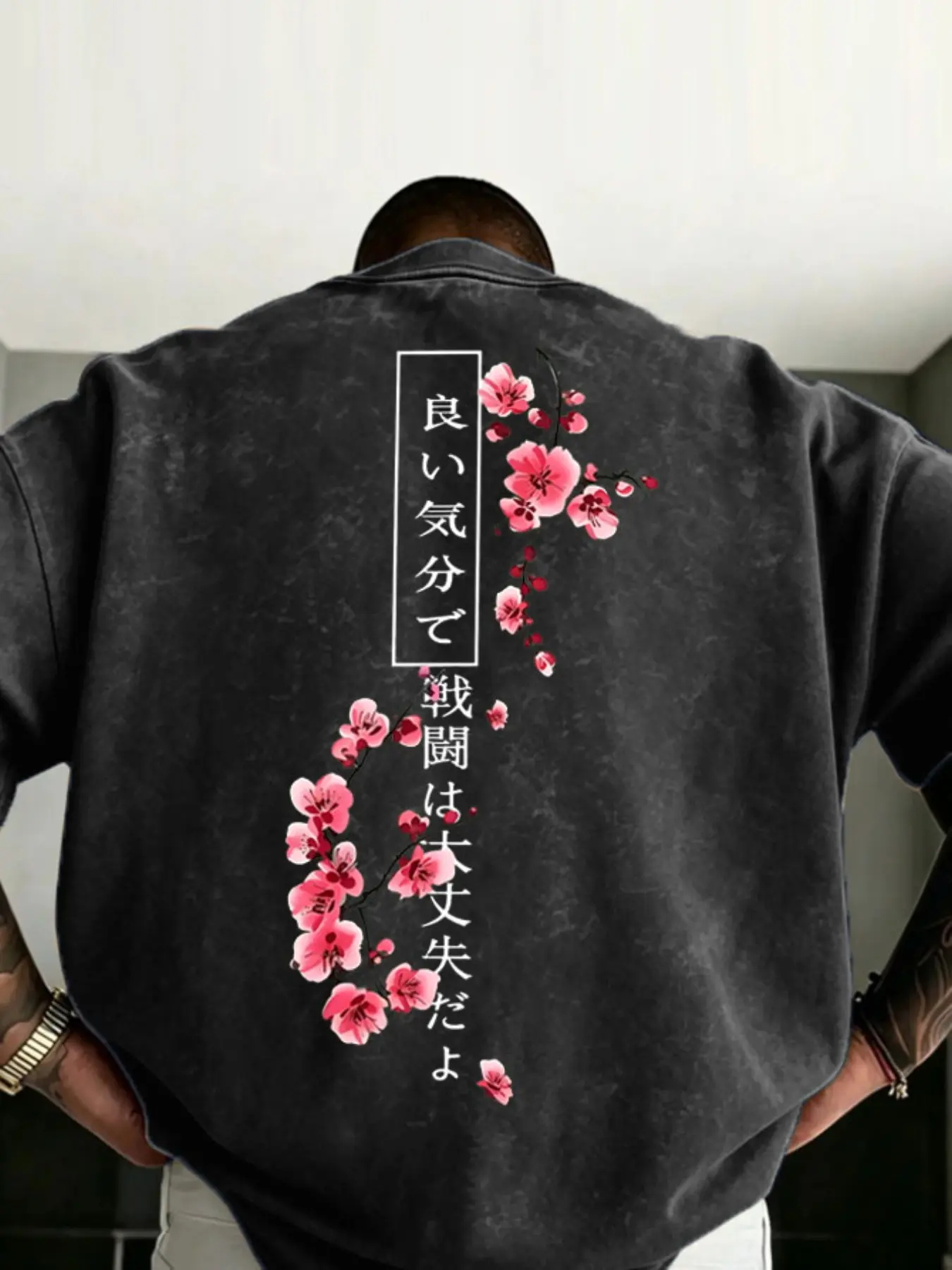 Men's Japanese Floral Cherry Blossom Print T‑Shirt, Vintage‑Washed Round‑Neck Short‑Sleeve, Street‑Style Loose Casual Top