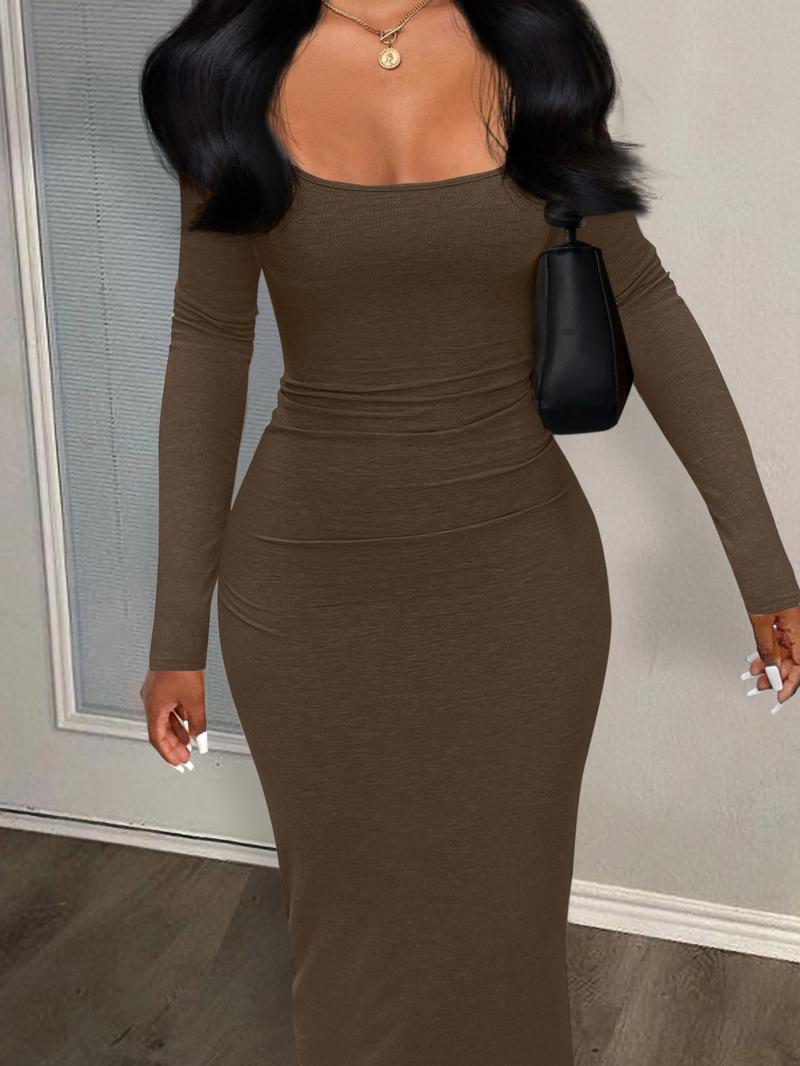 Women's Sexy Plain U Neck Long Sleeve Bodycon Dress, Minimalist Solid Tight Sleeve Long Dress for Fall, Ladies Clothes for Fall