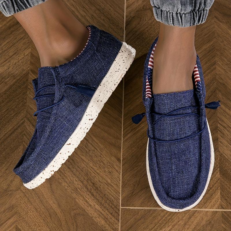 Men's Casual Loafers with American Flag Accent - Comfy, Non-Slip Slip-On Shoes, Breathable Fabric Upper, EVA Sole for Walking & Driving Flat Black Footwear Boy