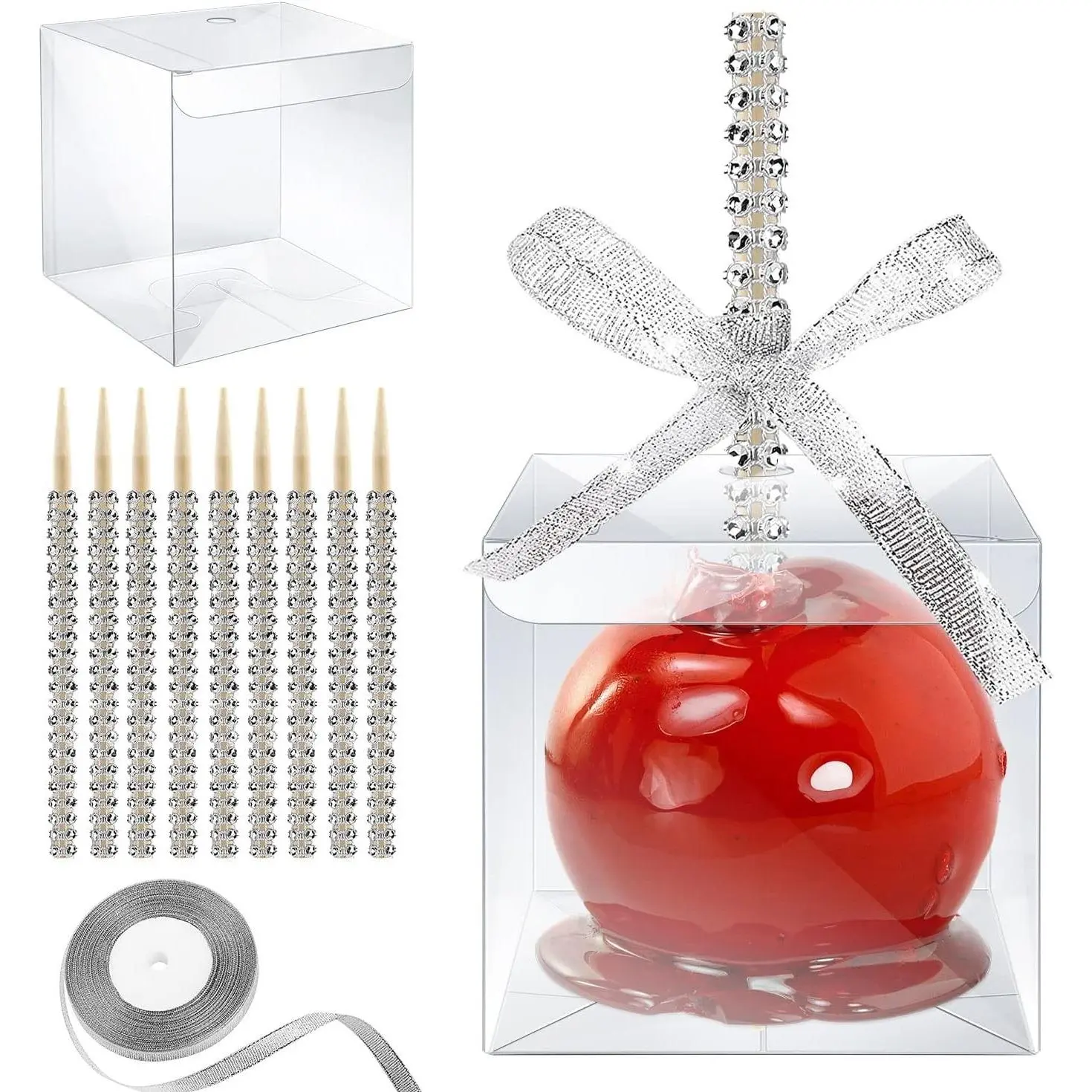 20-Pack Candy Apple Boxes with Bling Stick, Clear Caramel Apple Kit, Silver | Caramel Apple Wrapping Kit, Clear Containers, Rhinestone Bamboo Sticks, Glitter Ribbons, for Halloween, Party Supplies