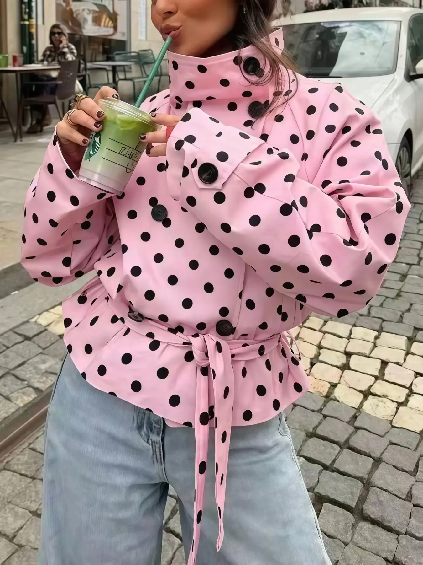 Women's Spring & Fall Casual Jacket, Polka Dot Long Sleeve Oversized Loose-Fit Stand Collar, Drawstring Waist, Pocketed Windproof Coat, Urban Street Style