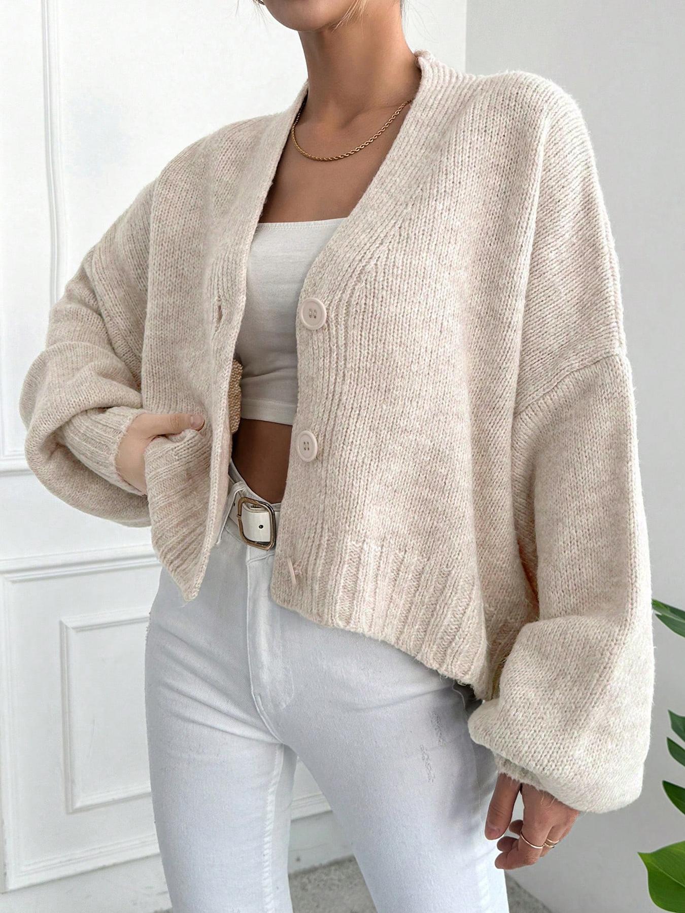 Women's Solid Color V-Neck Lantern Sleeve Cardigan, Casual Fashion Loose-Fit Knitted Cardigan for Fall & Winter, Button Front Design Knitwear