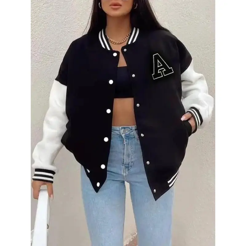 Women's Letter Patched Long Sleeve Collared Jacket, Jackets for Women, Sports Jacket, Lady Button Front Varsity Jacket, Preppy Casual Mock Neck Outerwear, Cozy Fall Outfits, Womenswear Casual Jacket Downtown Girl Clothes, Coat for Women(gift)