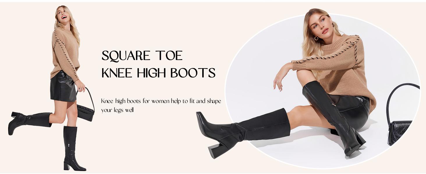 Coutgo Women's Knee High Boots Wide Calf Square Toe Chunky Heeled Pull-on Boot