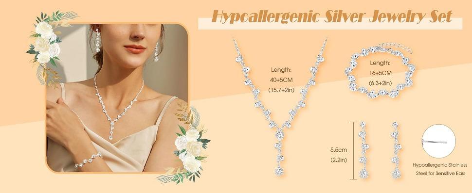 FUNRUN Silver Jewelry Set for Women Rhinestone Necklace and Earrings Bridal Wedding Jewelry Sets for Brides Bridesmaid Crystal Wedding Prom Jewelry Christmas Day Gift