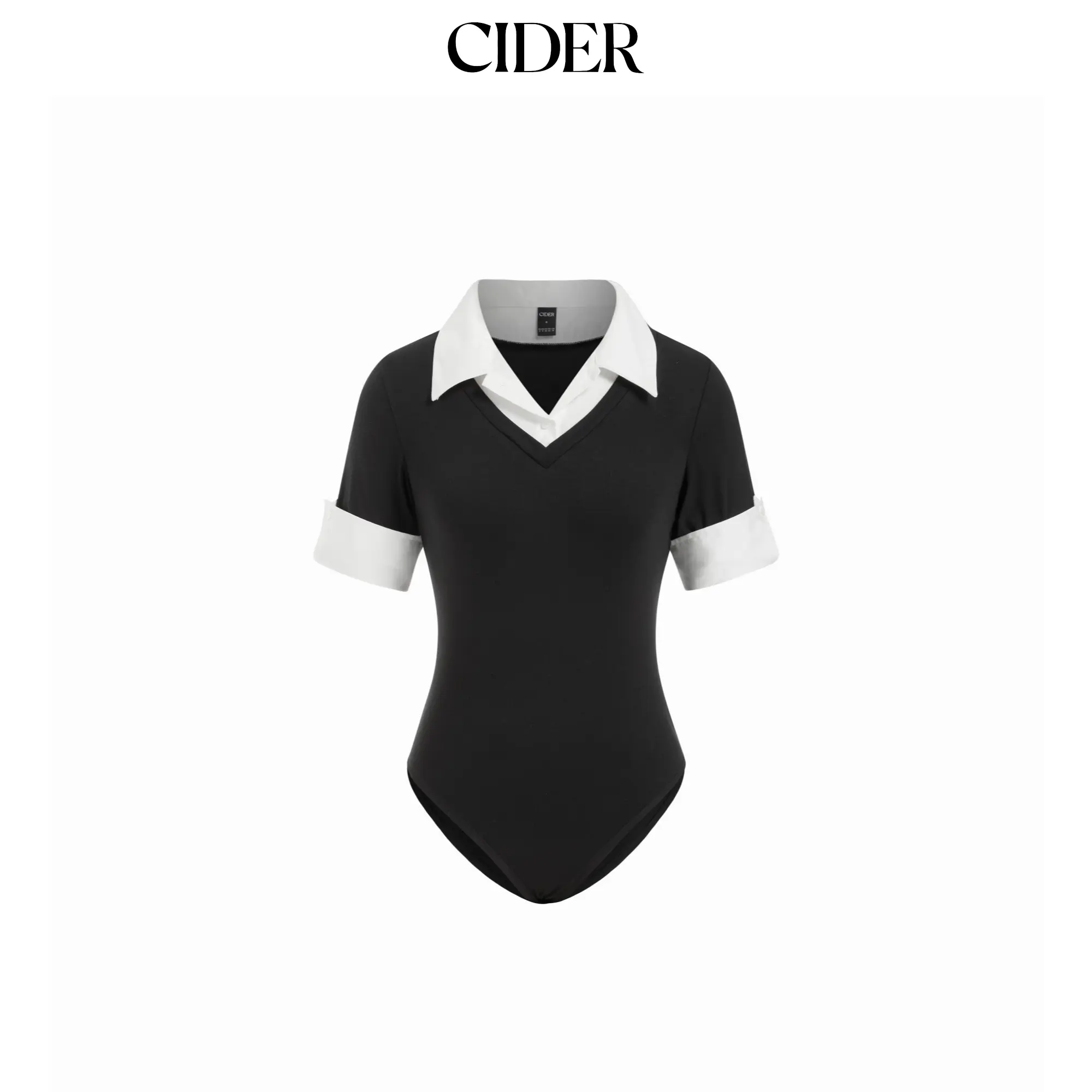 Cider Cotton Collar V-Neck Short Sleeve Two Tone Bodysuit