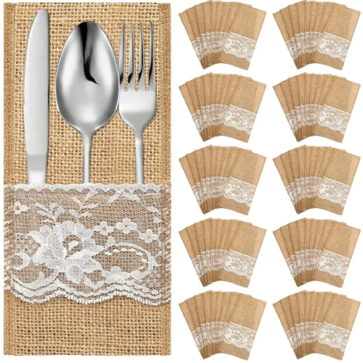 Burlap Lace Silverware Holders – Rustic Farmhouse Flatware Pouches, Christmas Holiday Table Decor, Vintage Jute Cutlery Sleeves for Wedding, Party & Thanksgiving Dinner