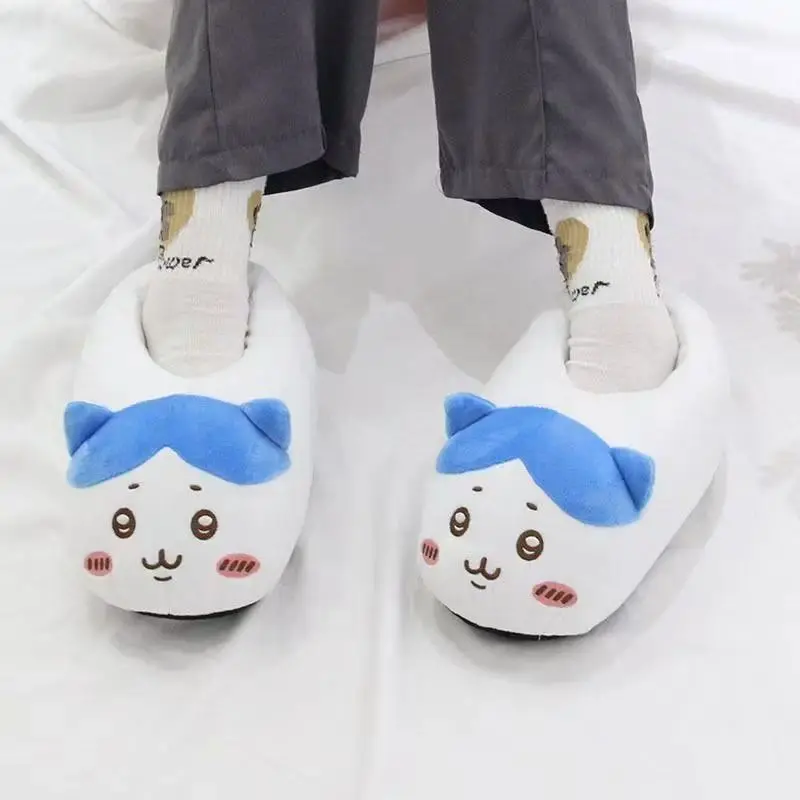 Kawaii Chiikawa Soft Sole Slippers for Women Cartoon Usagi Hachiware Winter Fashion Cute Fur Slippers Fuzzy Plush Cotton Shoes
