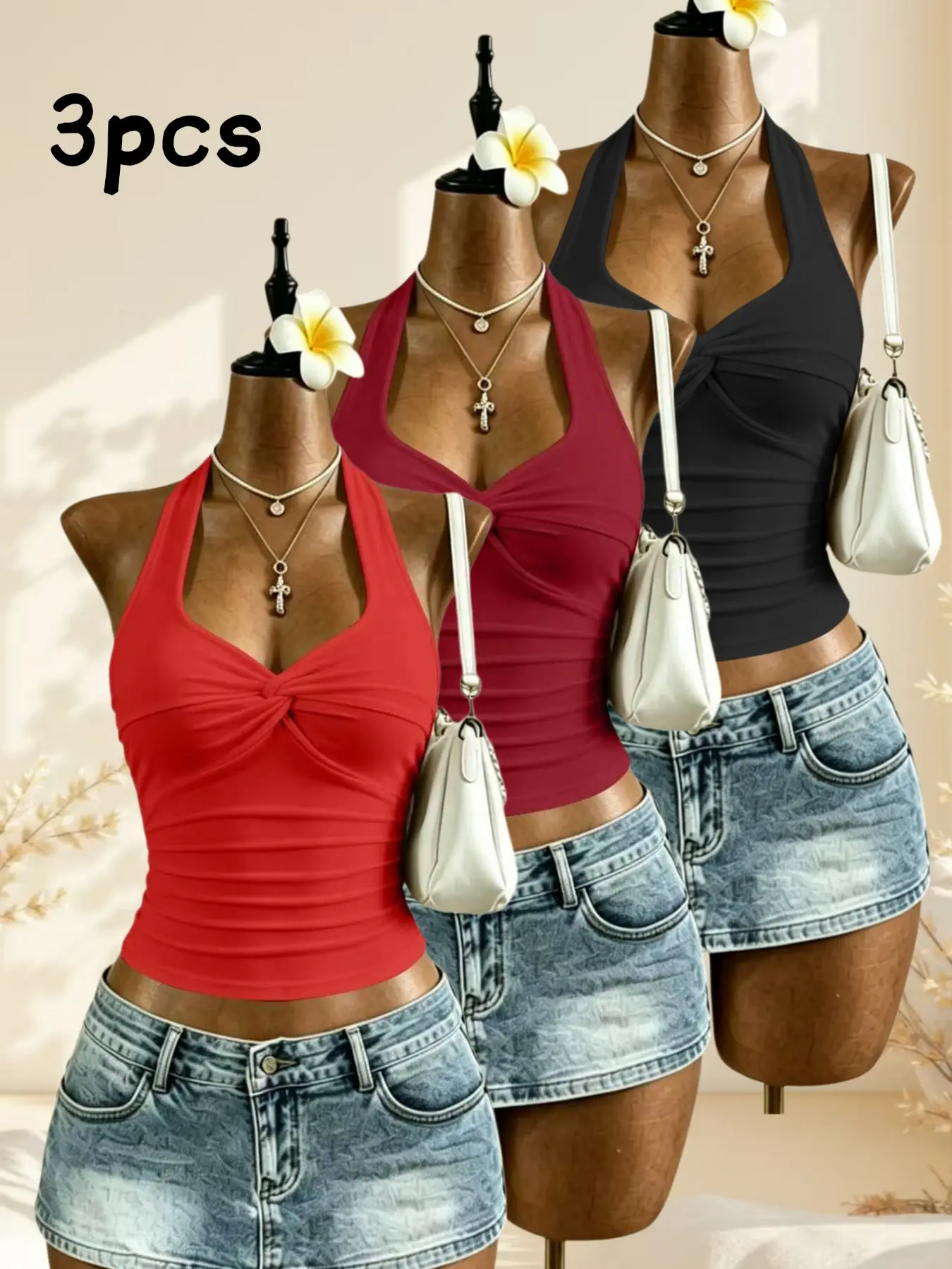 Sexy Halter Neck Tie Front V-Neck Short Tank Top for Women, Side Pleat Waist Cinch Crop Strapless, Sexy Slim Fit Solid Color Top Set of Three