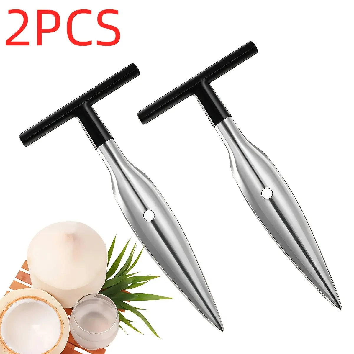 Outdoor Camping Stainless Steel Coconut Opener 2pcs Set - Portable Coconut Shovel Tool with Ergonomic Handle, with Punching And Drilling Functions, Can Easily Open Nuts, Suitable for Outdoor Digging Or Harvesting, Small And Light