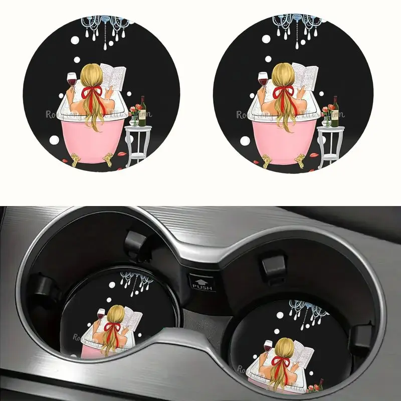Blonde Girl Relaxing in Pink Bathtub with Wine, Rose Petals And Elegant Crystal Chandelier Water-Absorbing Car Cup Holders And Coasters, Car Interior Additions, Car Cup Coasters And Home Desks, Holiday And Birthday Gifts