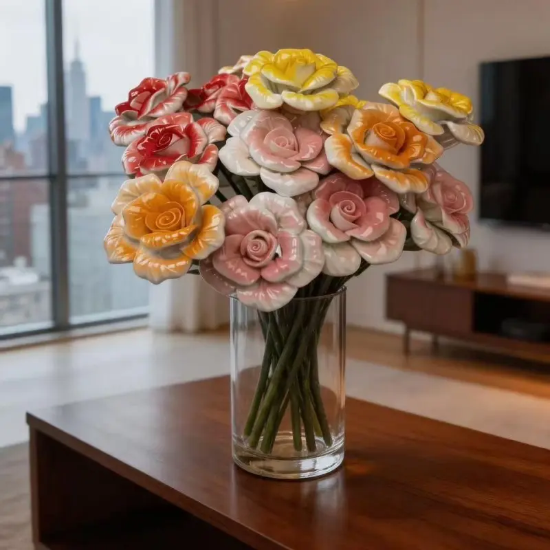 16 Handmade Ceramic Gradient Rose Flowers, DIY Craft Material, Perfect for Home Decor & Gifts, Unique Artisanal Design