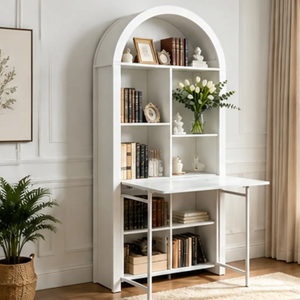ARCH Folding Convertible Desk to Bookshelf, MDF Hideaway Craft Table with Storage Shelves, Space-Saving Disappearing Desk for Small Spaces, Multifunctional Vanity Desk for Home Office, Bedroom, Milk White, Milk White Color Options