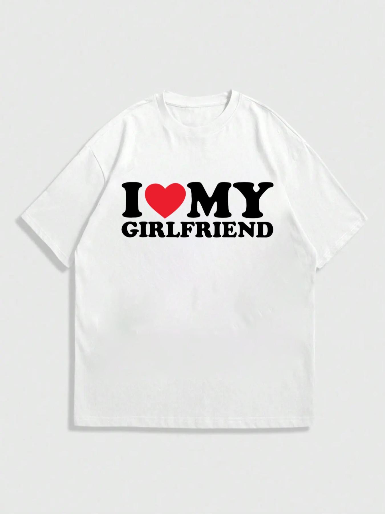 Men's Letter & Heart Print Round Neck Tee, Regular Fit Casual "I Love My GF" Print Short Sleeve T-shirt For Summer, Men's Top For Daily Outdoor,Men's Solid Color Crewneck Tee for Gym & Casual