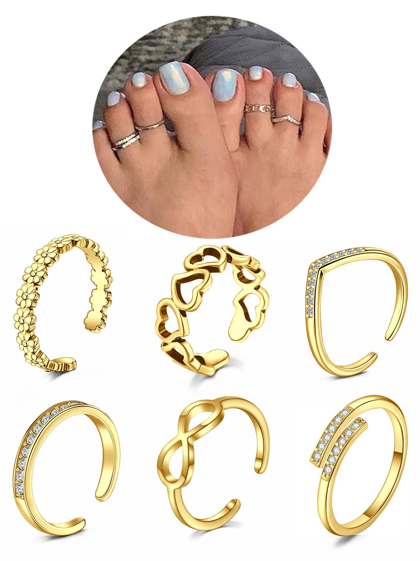 Women's Rhinestone Decorated Toe Rings (6pcs), Adjustable Open Toe Rings for Women & Girls, for Party, Daily Clothing Decor, Birthday Gift