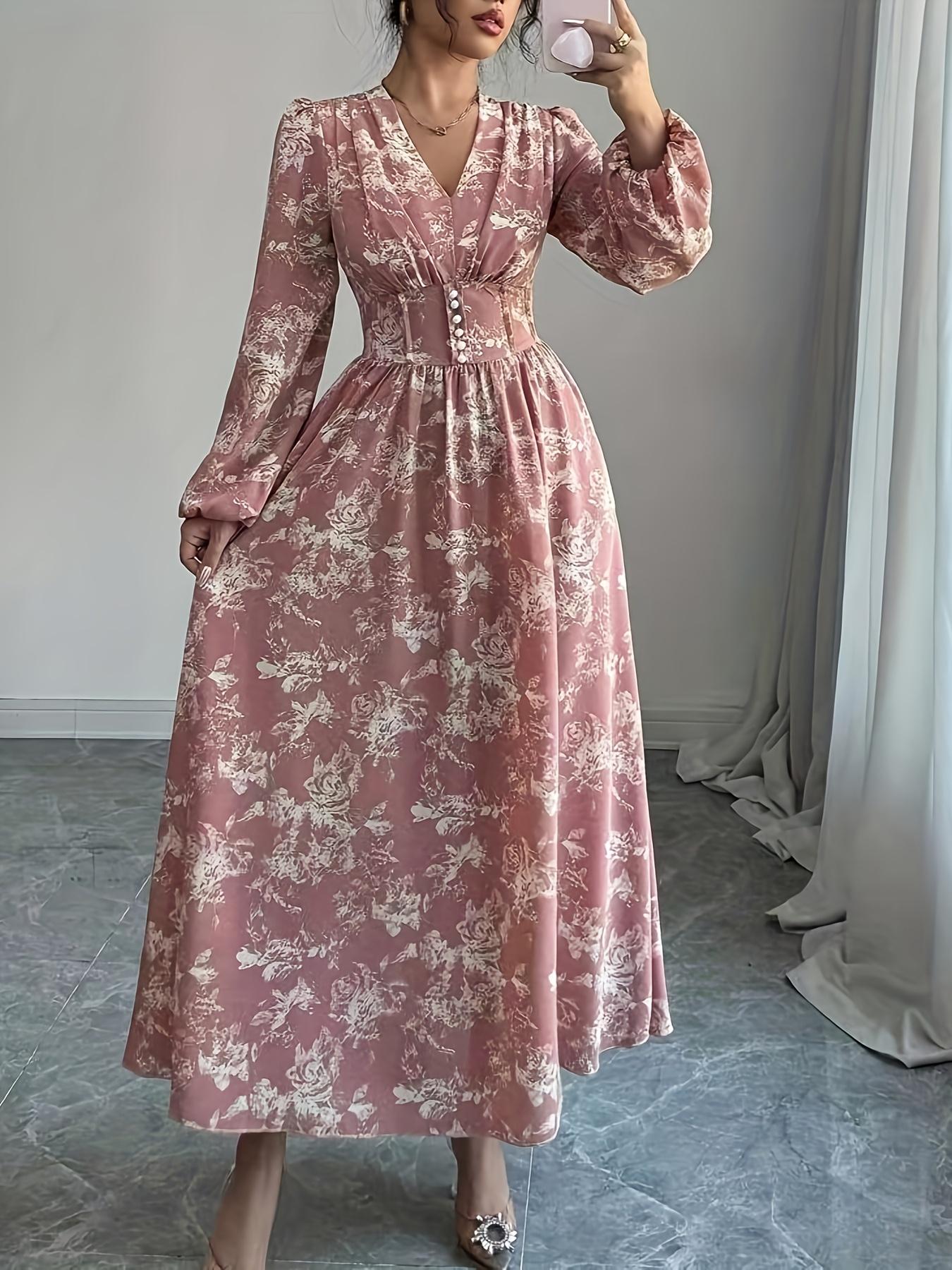Women's All over Print Long Sleeve Dress, Casual Slim Fit Midi Dress,  Elegant Floral Pattern, Perfect for Spring & Fall - TikTok Shop