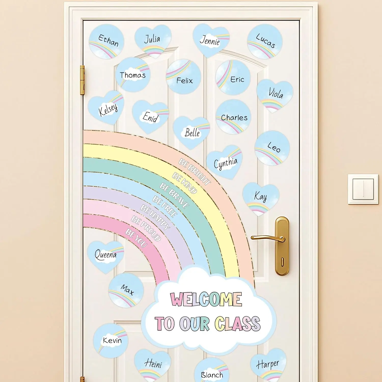 Pastel Welcome  to School Bulletin Board Decorations Set, Signable Welcome Classroom Door Decor Supplies, Rainbow Hearts Cutouts Wall Decoration Busy Teacher  Haves (Blue)