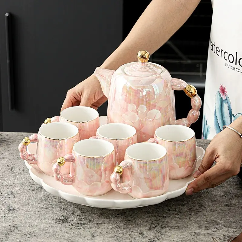 8-Piece Ceramic Luxury Pearl Water Set, Includes 1 Pot, 6 Cups, 1 Large Tray, Home Office Tea Coffee Set, Gift Box Included