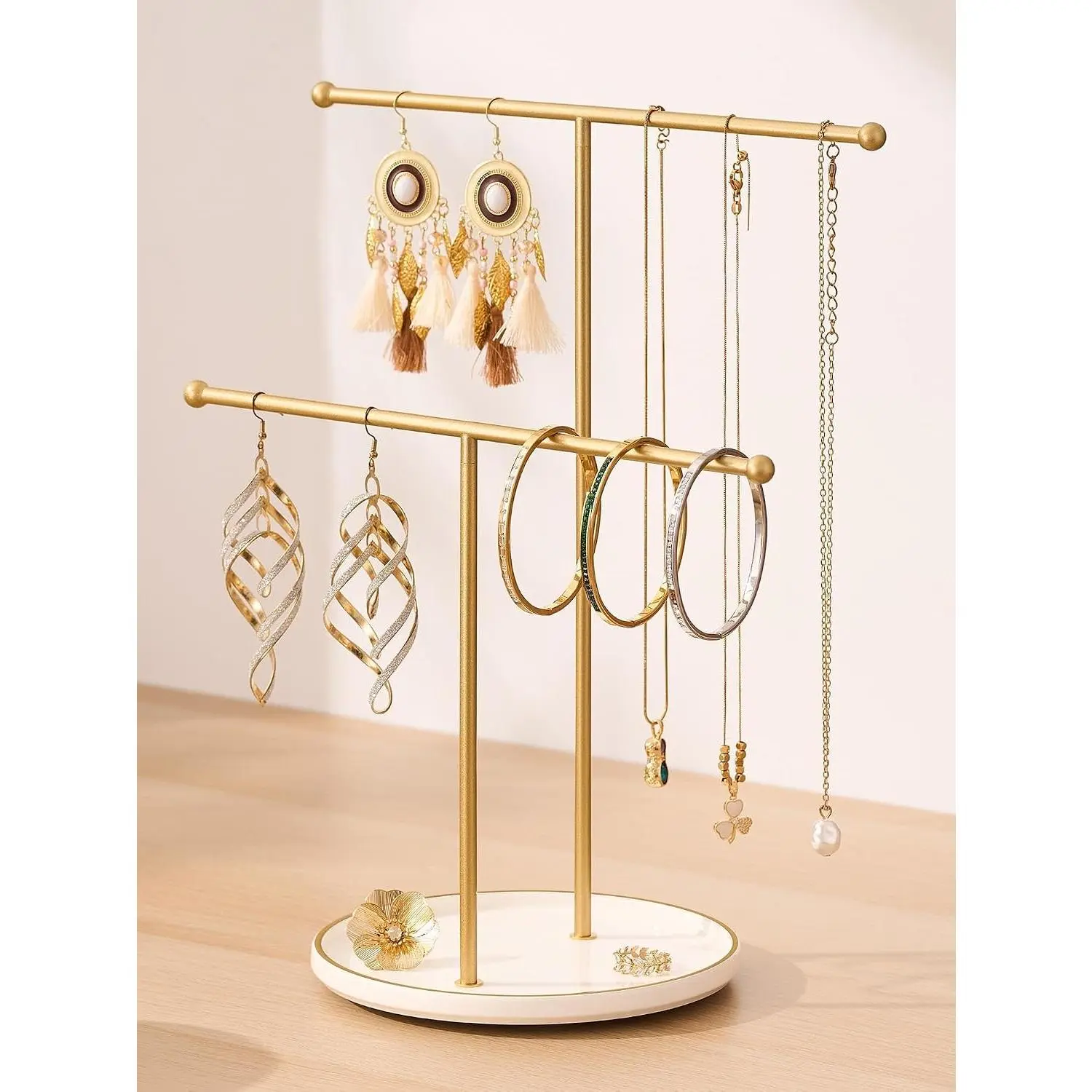 Stand with Ceramic Tray, Necklace Holder,  Bar White Base | Ceramic Base,  for Women & Girls,  Necklace Organizer Tree, Earrings, Bracelets, Rings, small