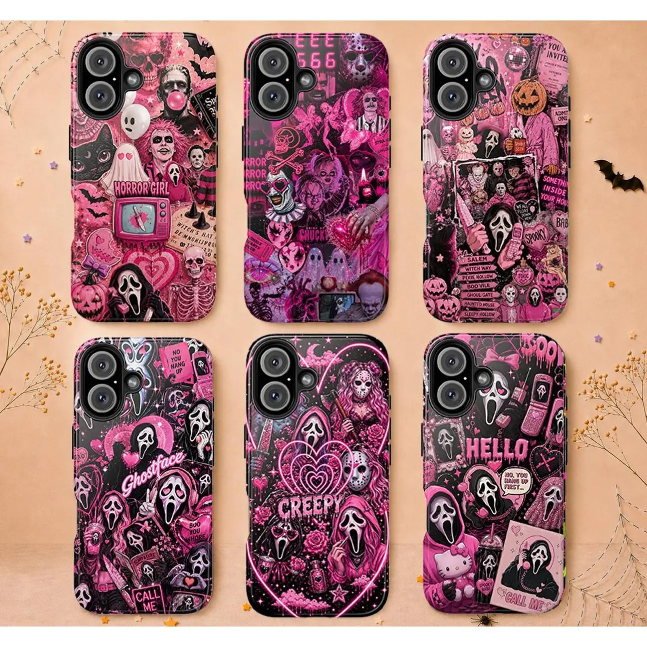 Pink Ghostface Horror Phone Case, Spooky Slasher Collage Design, Gothic Coquette Halloween Aesthetic Shell, Creepy Movie Fan Gift Protector Casing for iPhone 11-17 Pro Max/Plus, Samsung Galaxy S23-25, Smartphone, Handheld