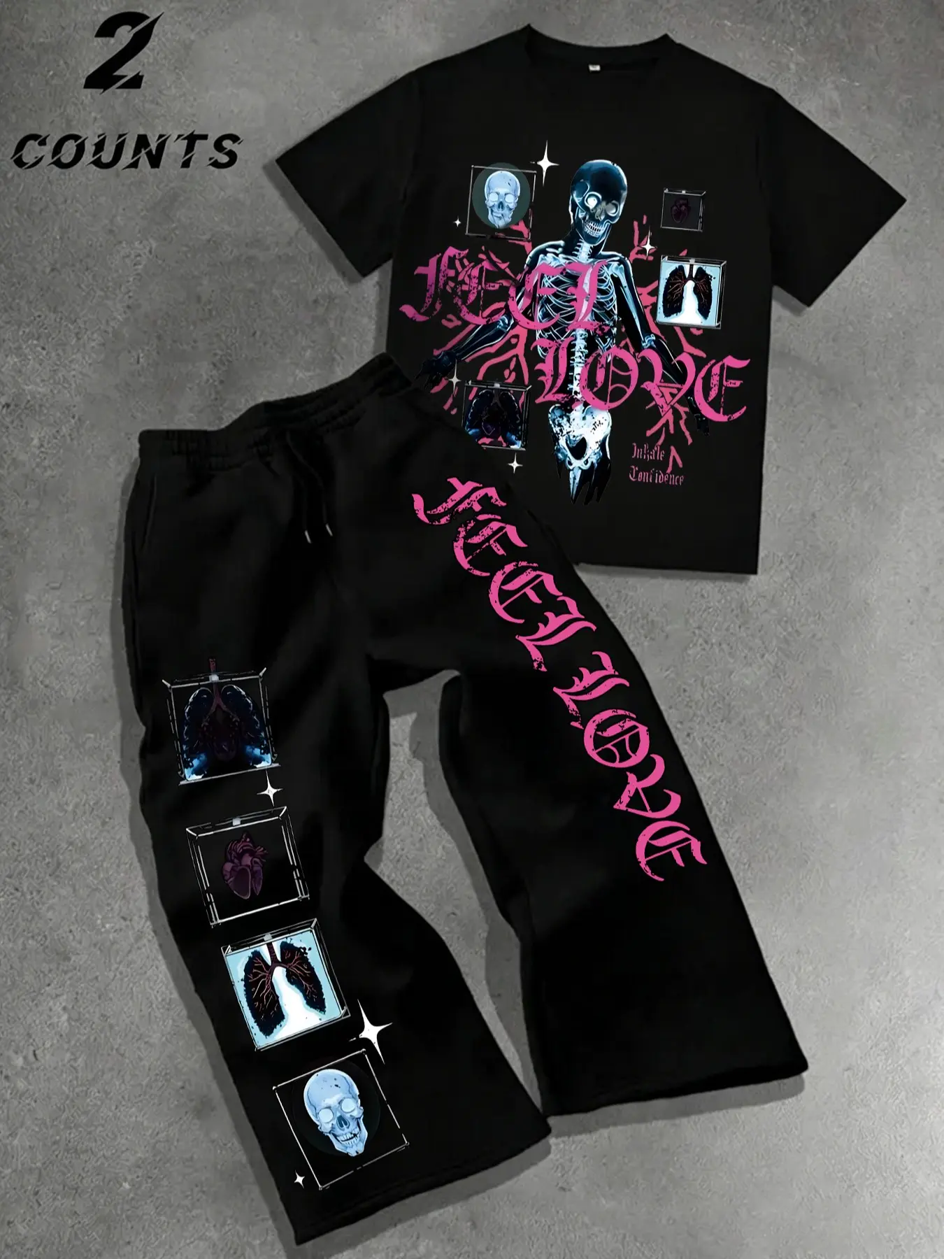 Y2K Grunge Skeleton Graphic 2 Piece Outfits for Men Women, Unisex Punk Skull Print White T-Shirt and Black Wide Leg Sweatpants Tracksuit Set, Streetwear Aesthetic Casual Matching Set for Skateboard Concert Wear