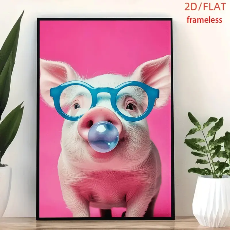 frameless Pig Bubble Gum Decal Art Decor Print Poster, Wall Art for Living Room, Bedroom, Office, Dining Room & Bar, Perfect Gift & Home Decor, 12in x 16in