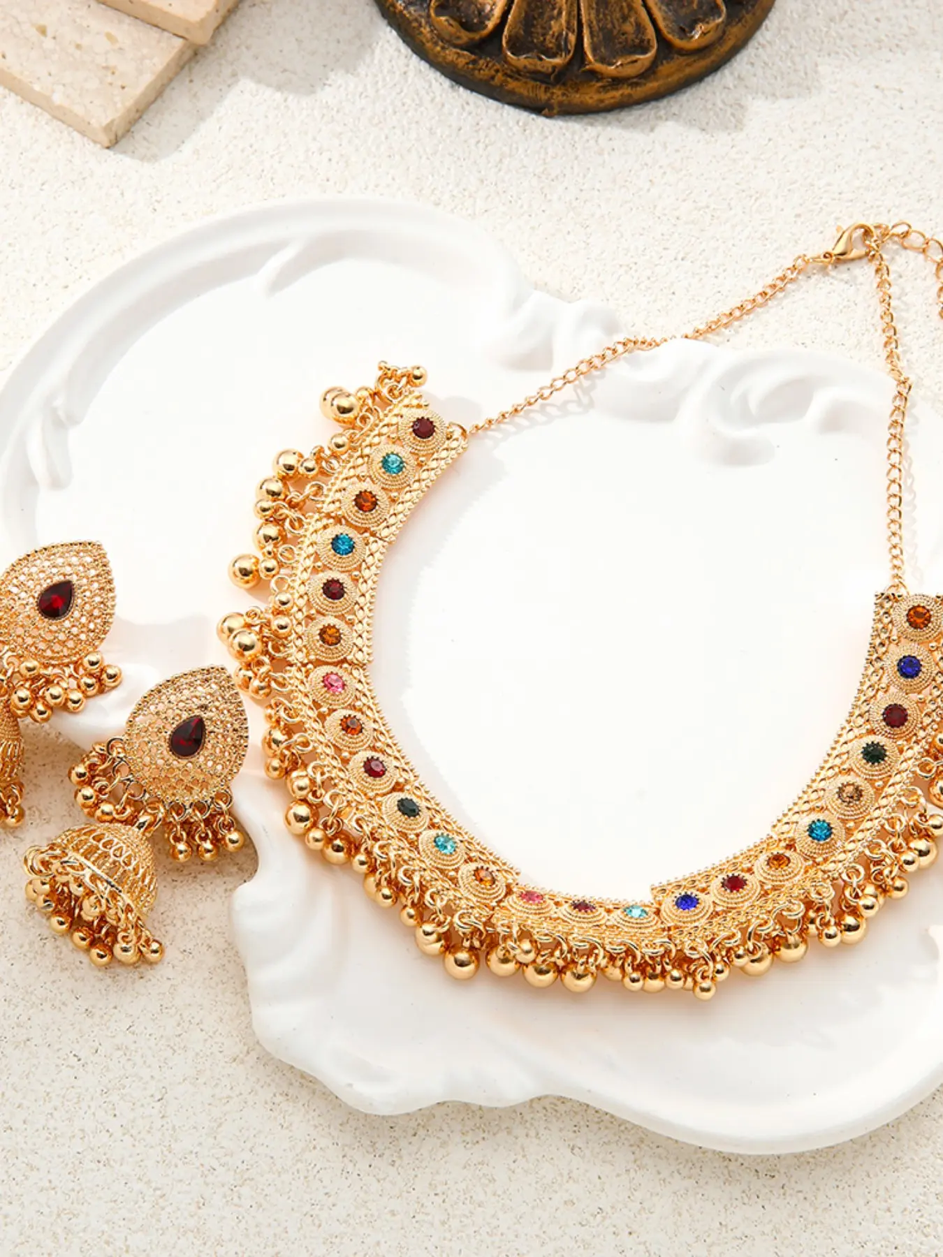 Exotic Indian Style Heavy Gold Bell Necklace Earrings Set, Vintage Luxury Colorful Jewelry, Elegant Jewelry Set, Bridal Jewelry Set For Wedding, Ethnic Wedding Party Accessory