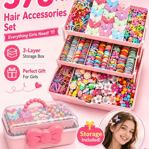 578pcs All-In-One Rainbow Hair Accessories Sets, Gift Box with 3-Layer Storage Compartments, Candy-Colored Thin Elastics, Gentle Hair Ties, Cartoon Butterfly/Star/Flower Clips, Great for Little Girls' Daily Hairstyles, Ideal Birthday Gift