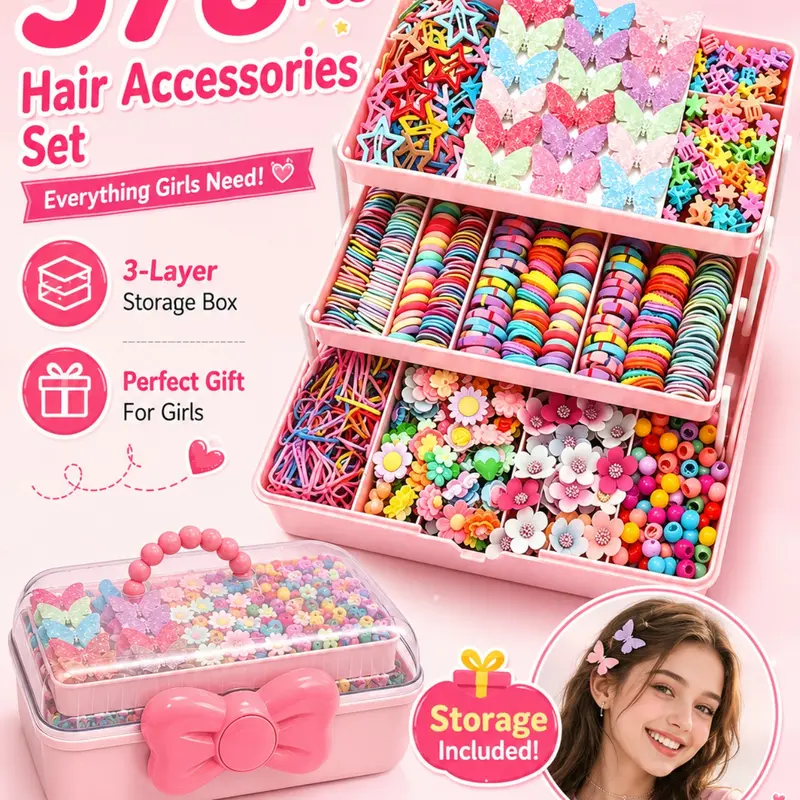 578pcs All-In-One Rainbow Hair Accessories Sets, Gift Box with 3-Layer Storage Compartments, Candy-Colored Thin Elastics, Gentle Hair Ties, Cartoon Butterfly/Star/Flower Clips, Great for Little Girls' Daily Hairstyles, Ideal Birthday Gift