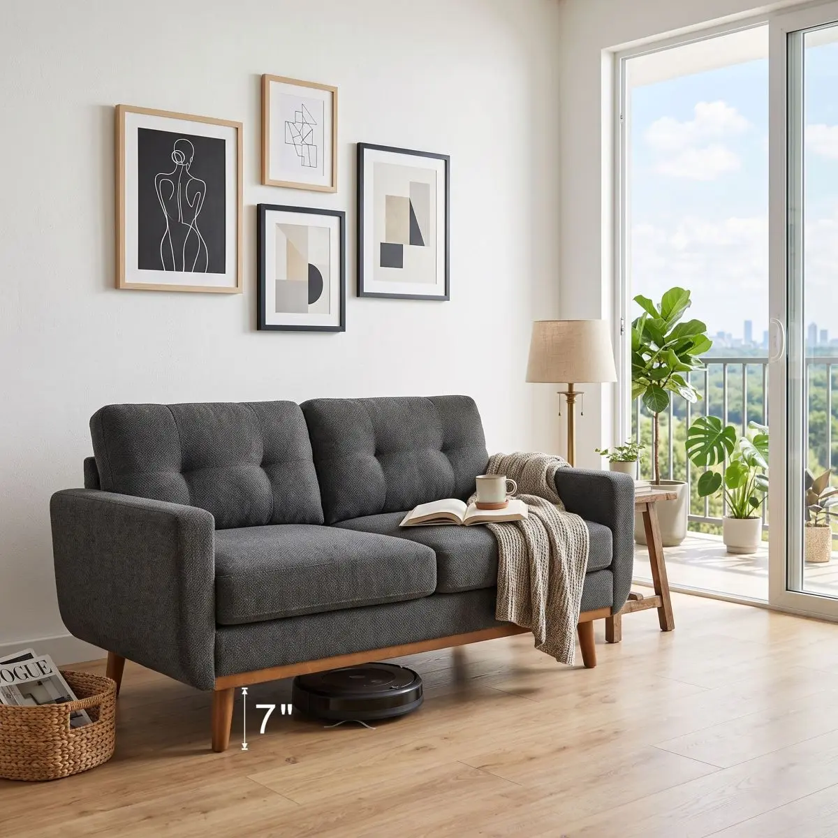65 in Modern Minimalist 2-Seater Sofa - Nubby Textured Fabric Upholstery, Fixed Arms, Solid Walnut Wood Legs, Compact Wood & Fabric Couch for Living Room, Apartment, Walnut Finish