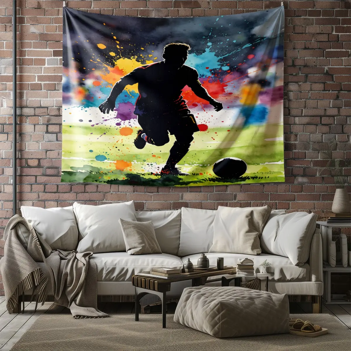 Watercolor Splash Soccer Art Tapestry, Dynamic Athlete Silhouette Print, Polyester Fabric, Easy to Hang, Perfect Photo Backdrop for Soccer Game Watch Parties