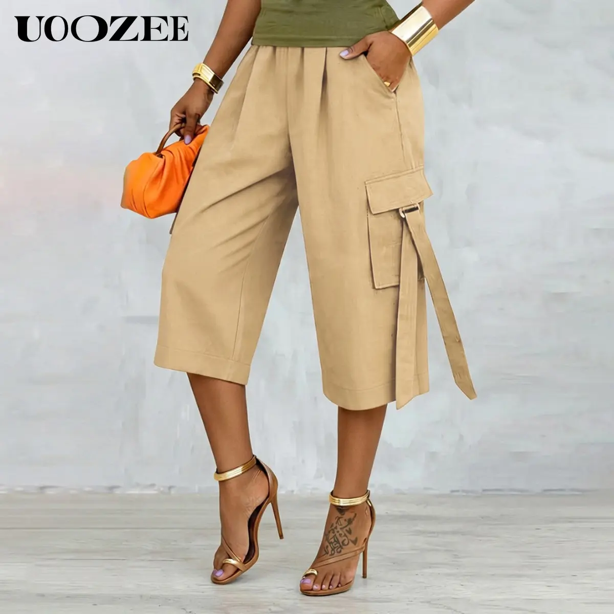Uoozee Women's Cargo Pants - High Waisted Wide Leg Loose Cropped Women's Clothes with High Elastic Back, Wide Side Pockets, Breathable Cotton-Like Fabric, Curvy Waist Friendly, Size Up Between Sizes, Cargo Pants Women