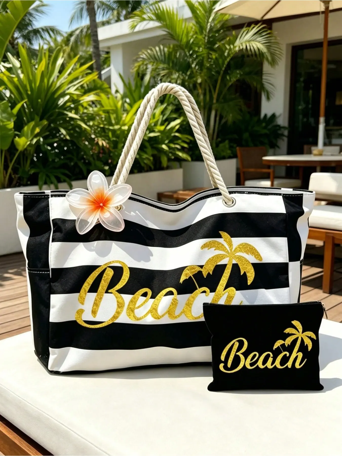 Large Capacity Beach Bag with Umbrella Print, Foldable Canvas Shoulder Bag, Waterproof Sandproof Travel Bag, Ideal for Summer Essentials