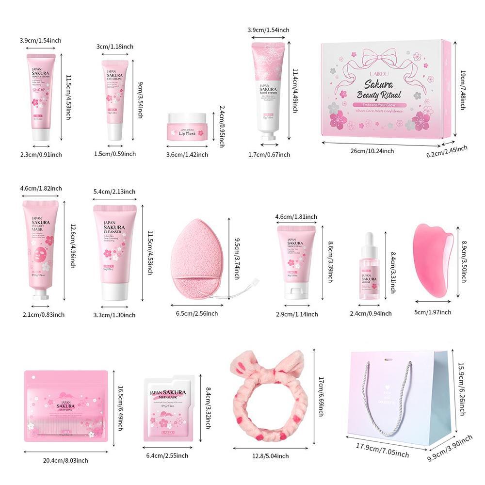 Sakura Skincare Set, Glow Kit, 36pcs/set Face Cleanser & Face Cream & Eye Cream & Serum & Lip Mask & Mud Mask & Peel Off Mask & Hand Cream & Face Scraper & Cleansing Puff Skin Care Kit