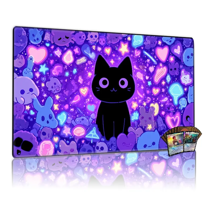 Whimsical Cute Black Cat Neon Purple Pastel Glowing Elements Playmat - 12x24inch Non-Slip for TCG MTG Card Game, Family Gathering Gift, Adorable Gaming Mousepad with Cartoon Characters & Hearts