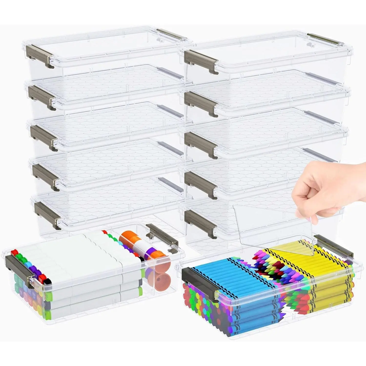 12 Pack Extra Large Pencil Box with Removable Divider, Thickened Pencil Case Bulk, Clear Crayon Marker Organizer Stackable Plastic Small Storage Containers for Pen Craft School Supplies(Grey)
