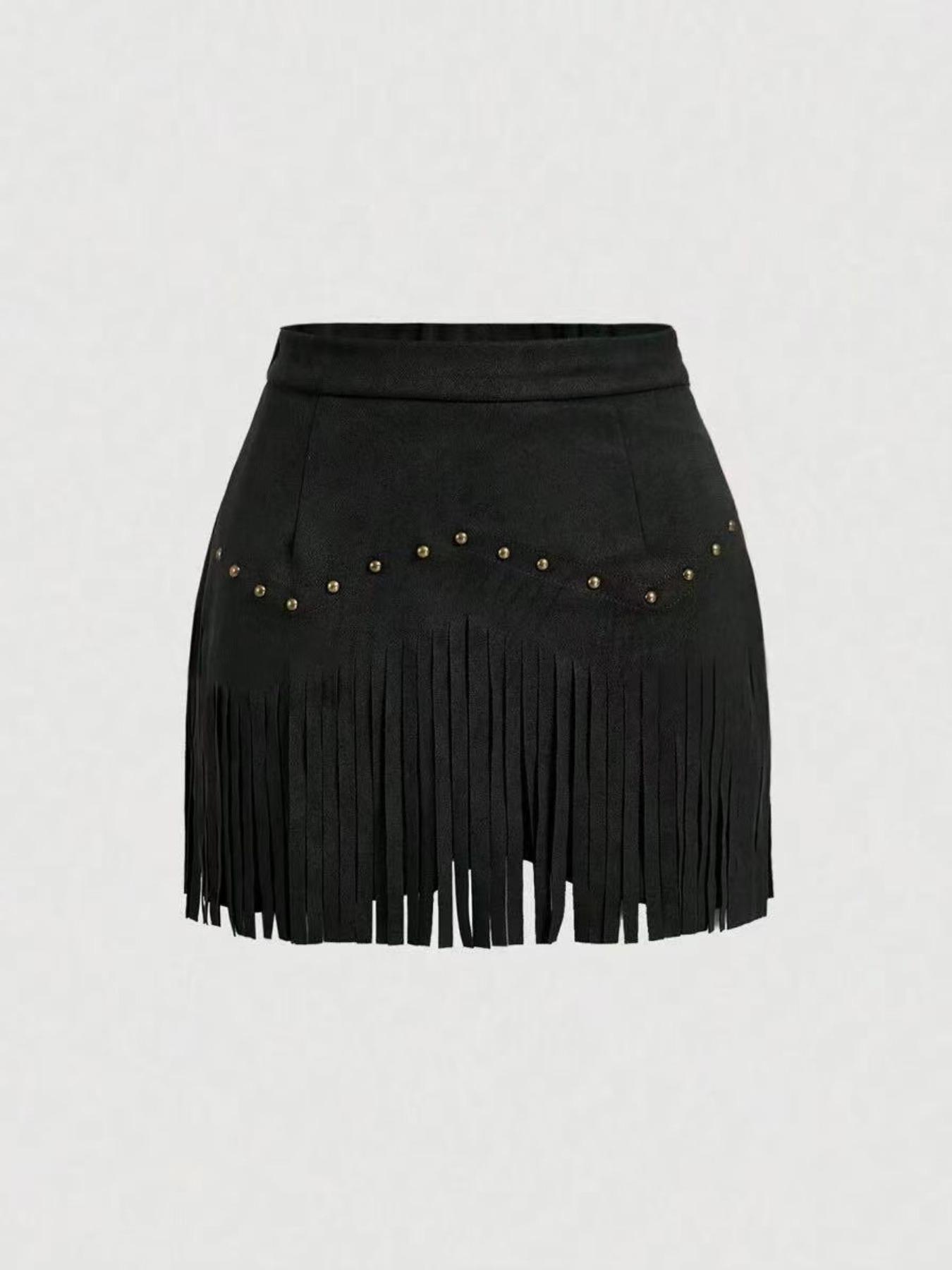 Women's Fringe Trim Short Skirt, Elegant Solid Color Zipper Skirt for Daily Wear, Ladies Bottoms for All Seasons