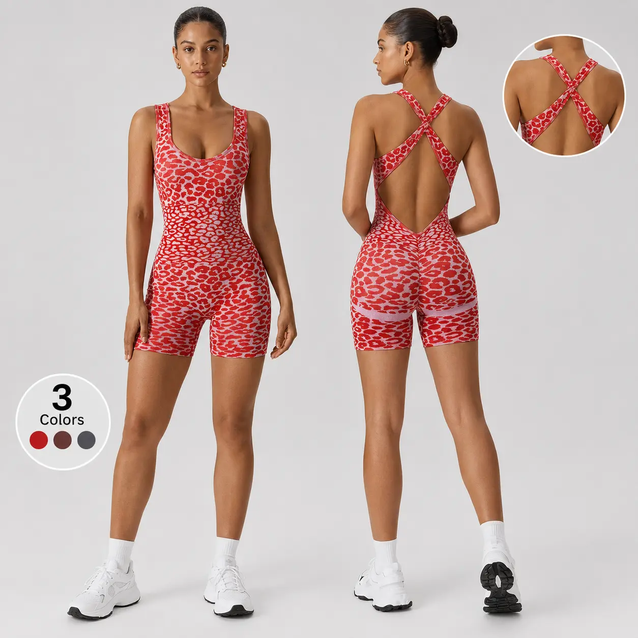 Women’s Leopard Print Workout Romper, Cross Back Scrunch Butt Biker Short Jumpsuit, Sleeveless Slim Fit One Piece Yoga Activewear