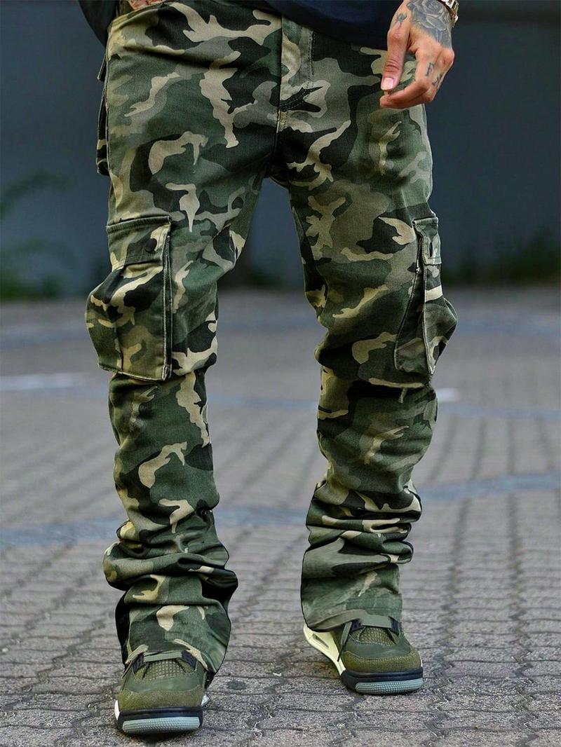 Men's Camo Print Drawstring Waist Cargo Pants, Regular Fit Street Fashion Pocket Split Hem Trousers, Men's Bottoms for All Seasons Daily Wear