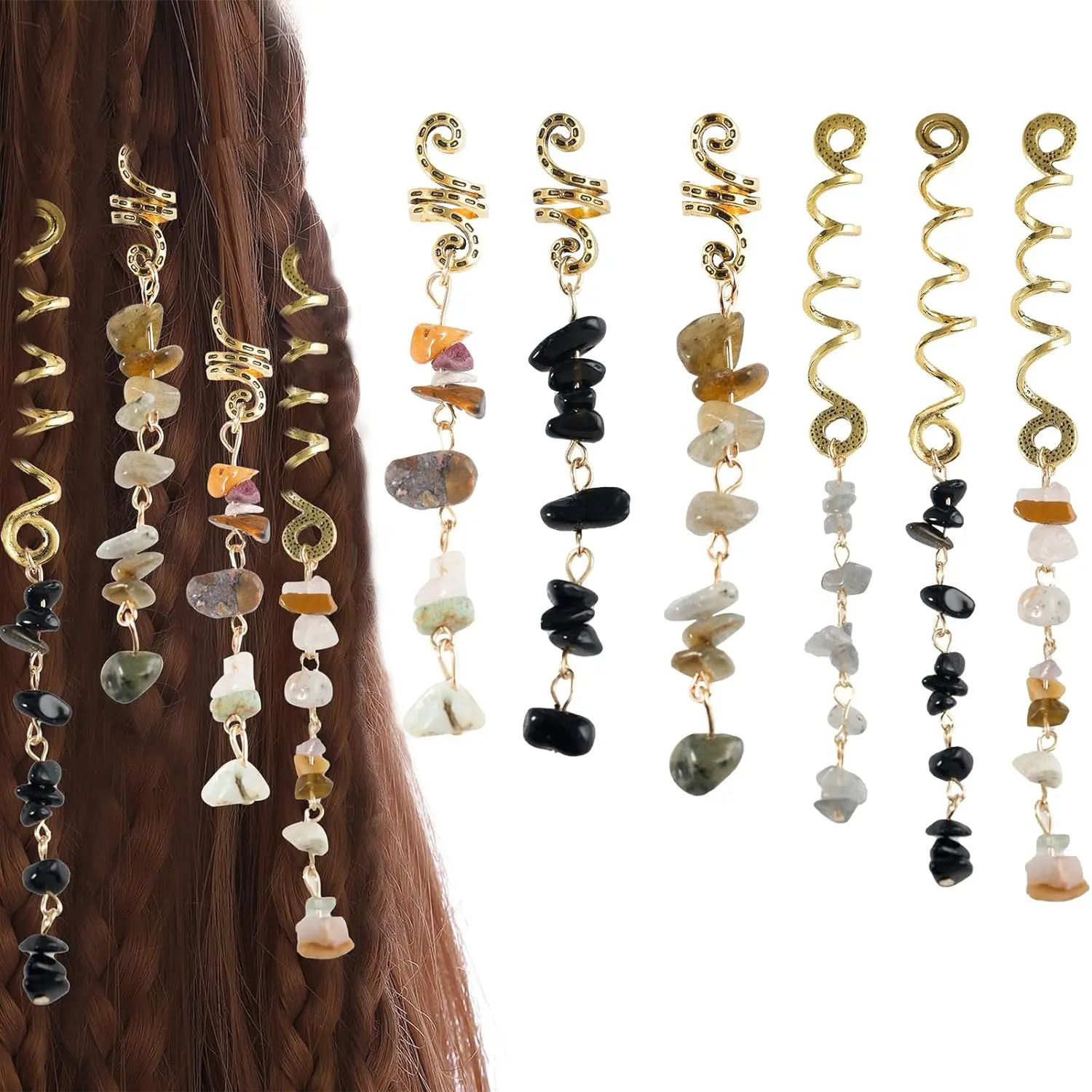 Hair  Dreadlock Accessories, Natura Stone Hair Charms for Braids, Hair Ring  Hair Accessories for Women(Black, pack of 6)