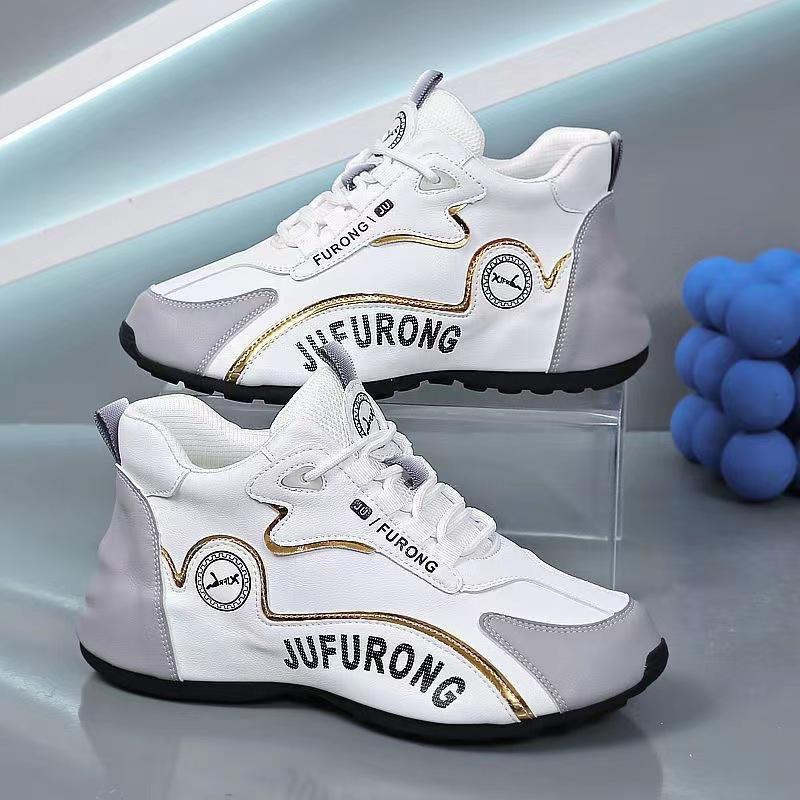 Unisex Couple Style Height-Increasing Shoes Genuine Leather Round Toe Laces Closure Breathable Soft Sole All Seasons Casual Sneakers Black