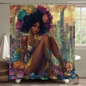 Afro Queen with Floral Crown Shower Curtain Set – Soft Thick Fabric Featuring a Gorgeous Woman with Voluminous Hair Amidst Vibrant Blooms, Extra Plush Bath Mats for Opulent Comfort, Perfect for Carnival Season or Radiant Summer Celebrations
