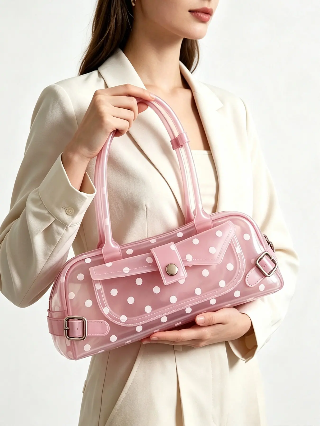 1pcSweet-wave transparent jelly handbag, retro Boston tote bag, metal buckle decoration, sweet-cool Y2K mini single-shoulder bag, cute and casual everyday women's bag, Aesthetic Shoulder Handbag