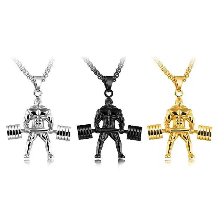 Male Stainless Steel Single Pendant Necklace - Muscle Man Barbell Charm, Casual Long-Length Gym Weightlifting Accessory for Daily Wear, Fitness, Everyday, Metal Coating, Muscle Man With Barbell, Gym Lovers, Silvery, Sport Necklace
